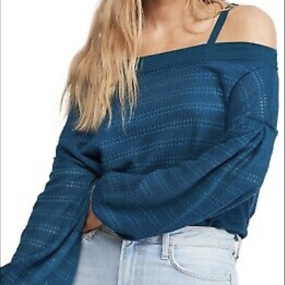 Free People Women's Teal Off-Shoulder Sweater Size M